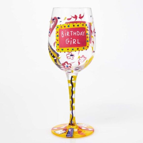 Lolita Wine Glass Birthday Girl Cocktail Recipe Hand Painted Yellow Pink New - Picture 1 of 13